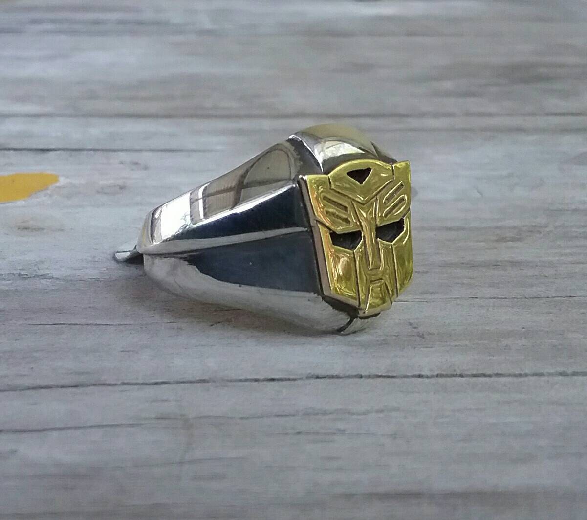 Robot ring,two tone ring,solid sterling silver ring,9k gold top,handmade, decepticon,syfy,superhero,alien