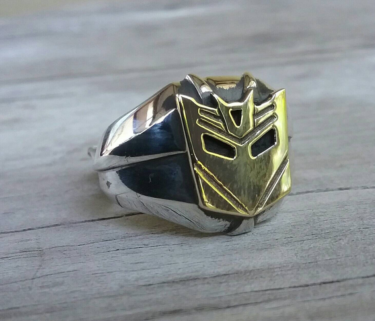 Robot ring,two tone ring,solid sterling silver ring,9k gold top,handmade, decepticon,syfy,superhero,alien