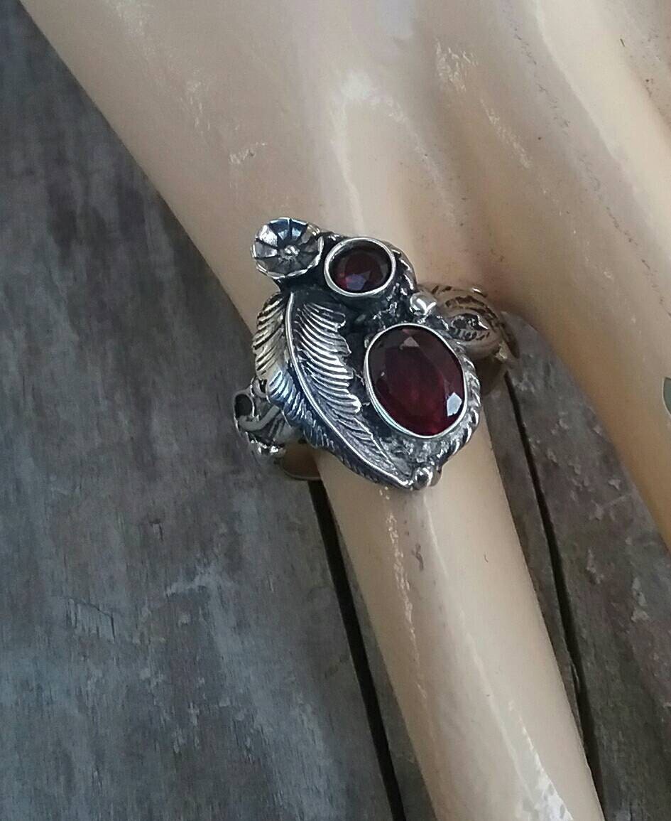 Garnet flower ring sterling silver alternative steampunk gothic art nouveau victorian flower rockabilly