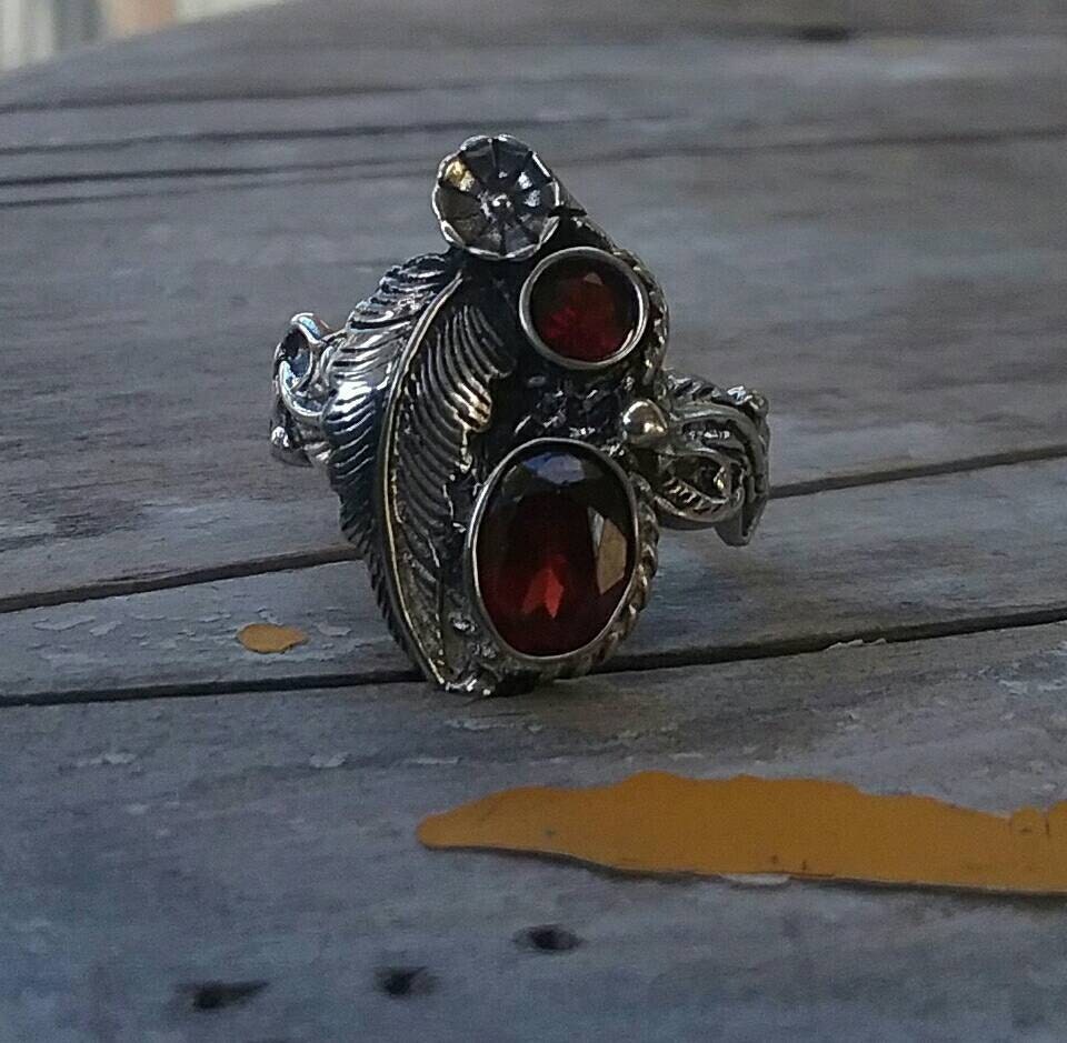 Garnet flower ring sterling silver alternative steampunk gothic art nouveau victorian flower rockabilly