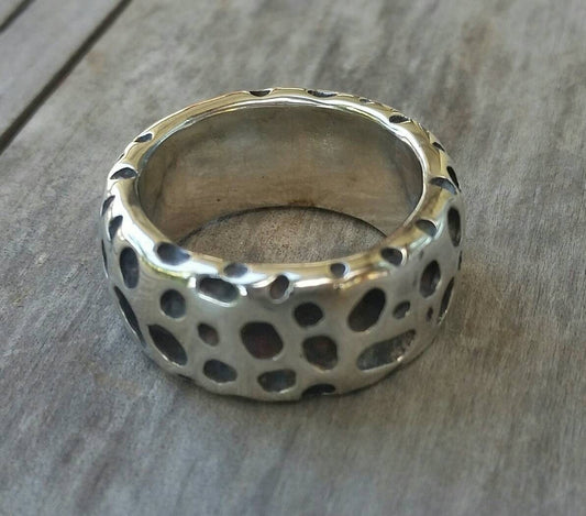 Wide mens ring,chunky heavy,solid sterling silver band,rustic, hammered,nugget, wedding dress ring