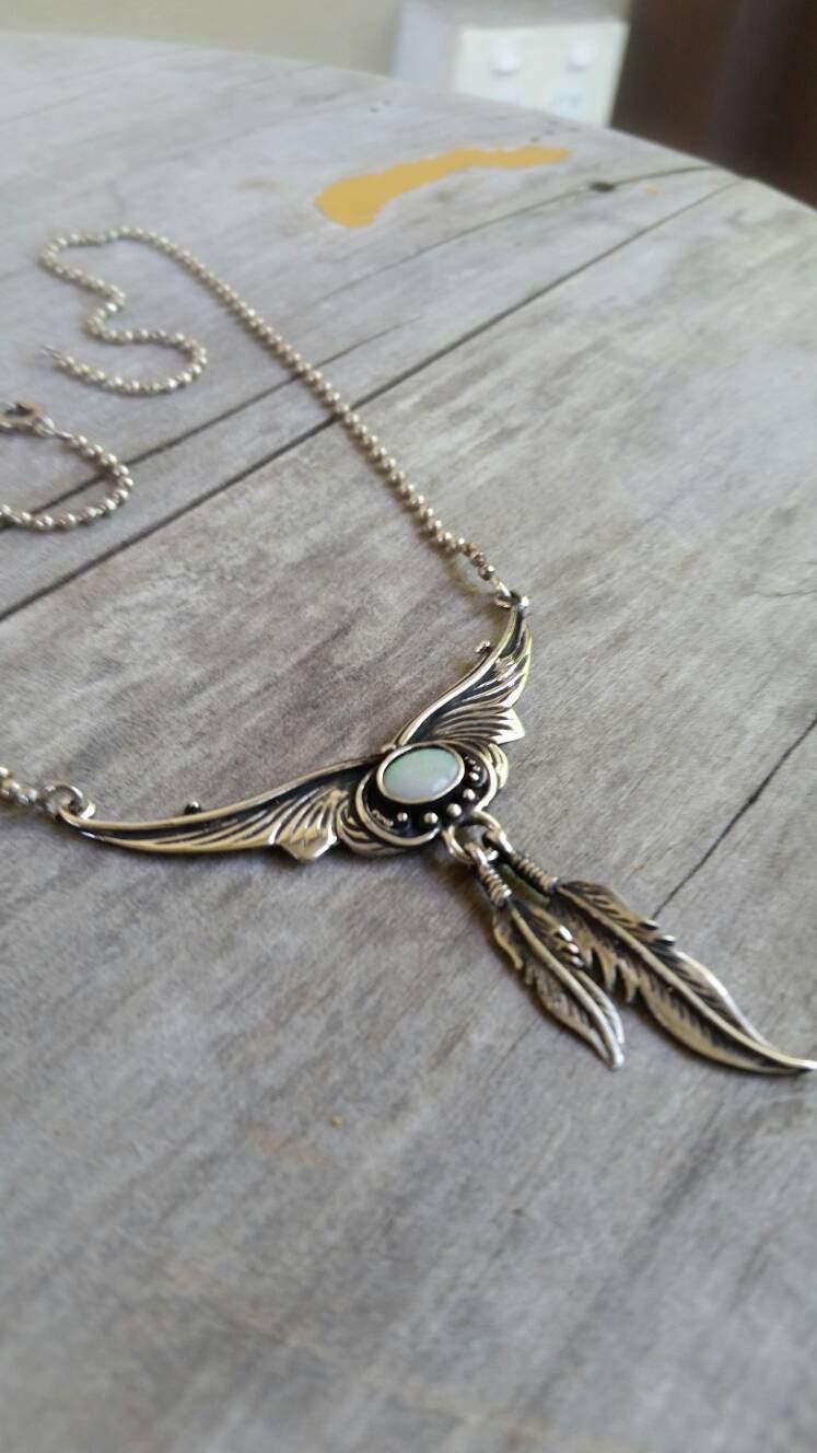 Opal necklace,feather pendant,sterling silver,white solid opal,handmade,boho,gypsy,goddess