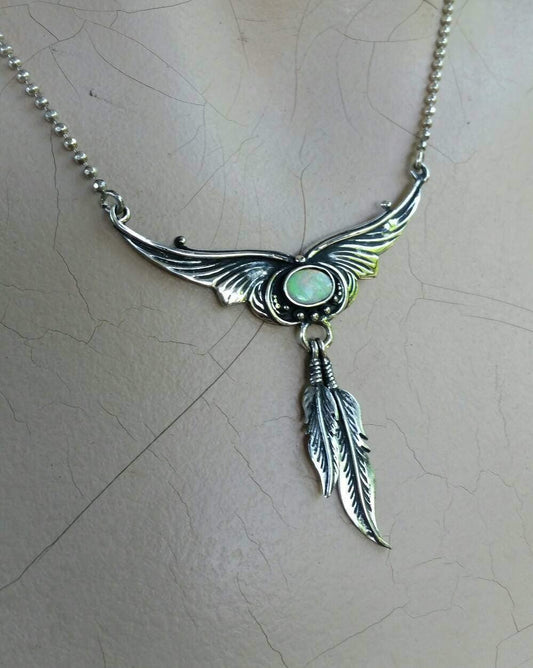 Opal necklace,feather pendant,sterling silver,white solid opal,handmade,boho,gypsy,goddess