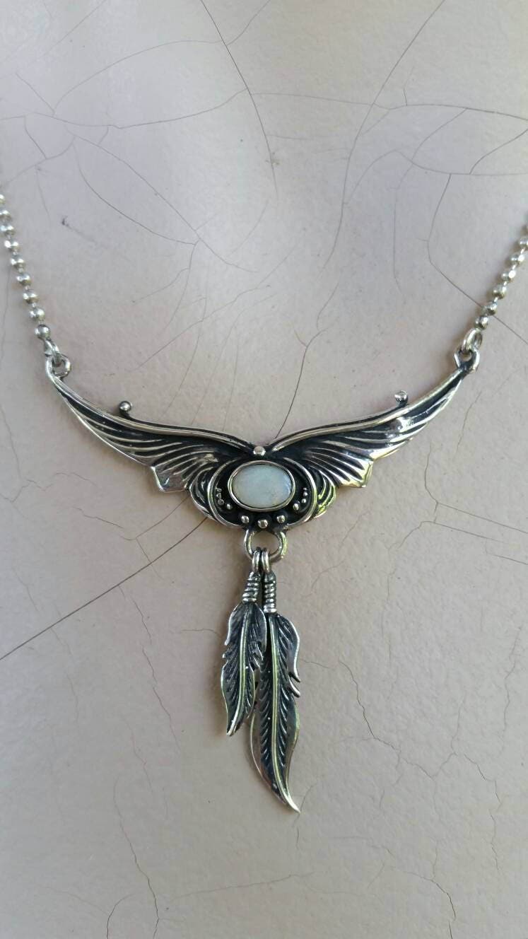 Opal necklace,feather pendant,sterling silver,white solid opal,handmade,boho,gypsy,goddess