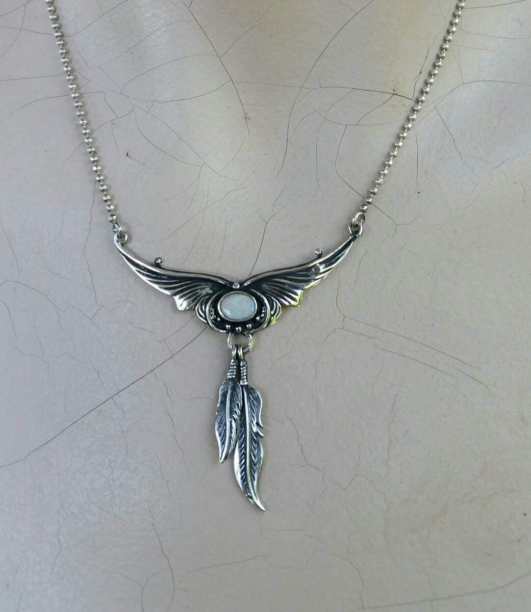 Opal necklace,feather pendant,sterling silver,white solid opal,handmade,boho,gypsy,goddess