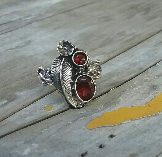 Garnet flower ring sterling silver alternative steampunk gothic art nouveau victorian flower rockabilly