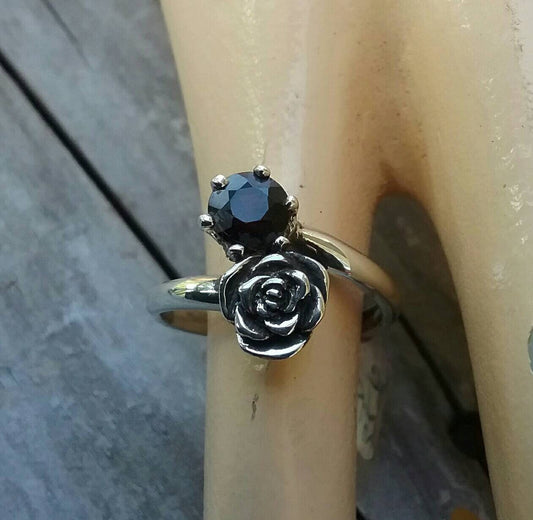 rose,black stone,cubic zirconia ring, boho, steampunk, gothic, art nouveau, victorian,flower,goddess ring,rockabilly,woodland,womens fashion