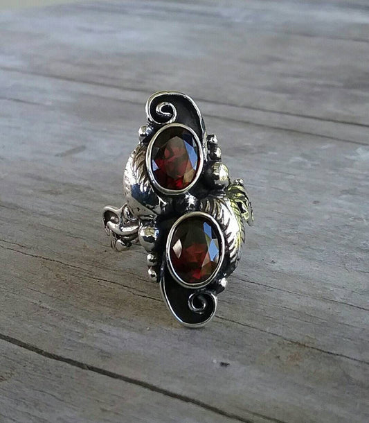 Garnet,leaf ring, sterling silver, ,steampunk, gothic, art nouveau, victorian, flower, rockabilly,handmade,boho,gypsy,hipster,designer,rose