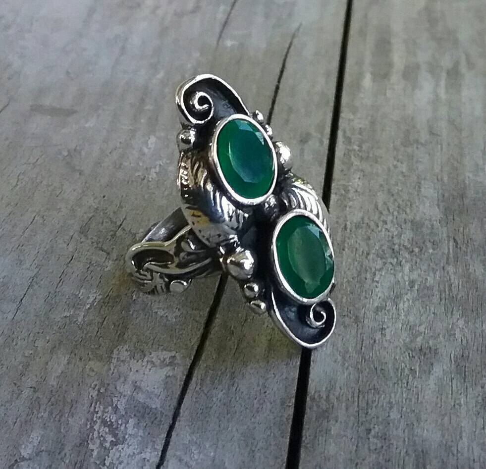 Green onyx, leaf ring, sterling silver, alternative, steampunk, gothic, art nouveau,victorian, flower,rockabilly,long ring,boho,gypsy,tribal