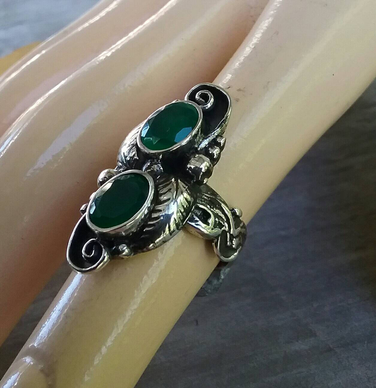 Green onyx, leaf ring, sterling silver, alternative, steampunk, gothic, art nouveau,victorian, flower,rockabilly,long ring,boho,gypsy,tribal