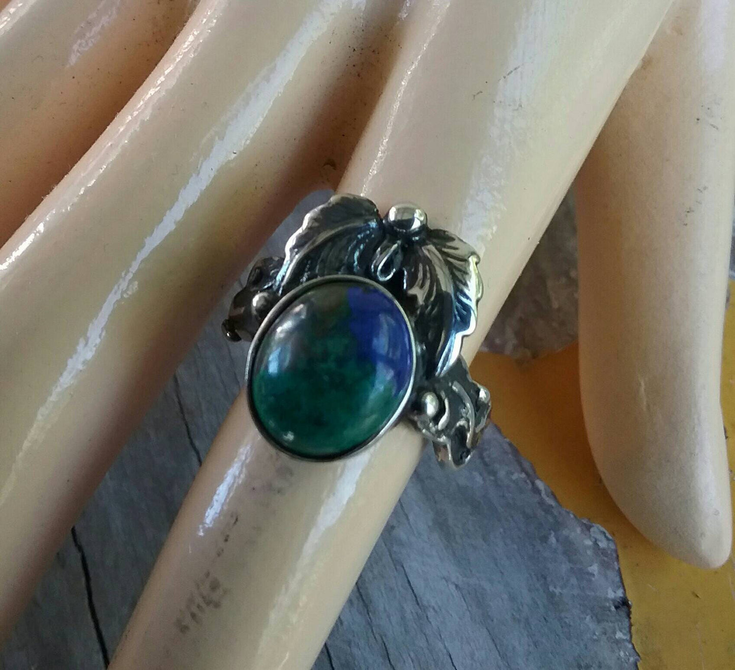 Azurite,leaf ring,sterling silver,handmade, gothic,art nouveau,victorian,vintage,boho,gypsy,goddess,woodland,hipster,chic,tribal,biker