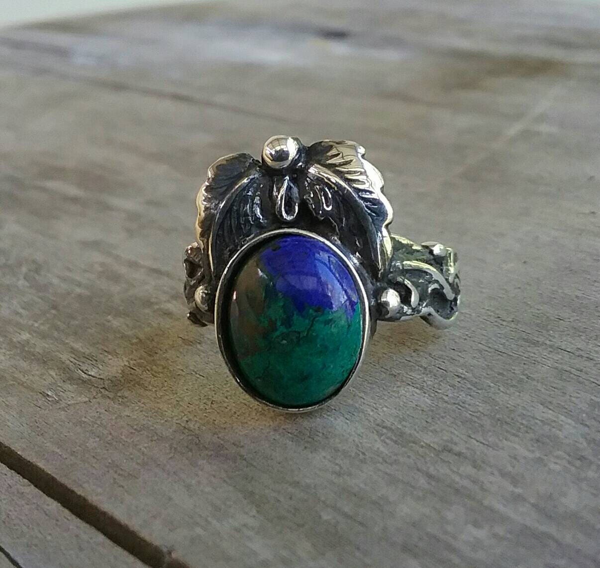 Azurite,leaf ring,sterling silver,handmade, gothic,art nouveau,victorian,vintage,boho,gypsy,goddess,woodland,hipster,chic,tribal,biker