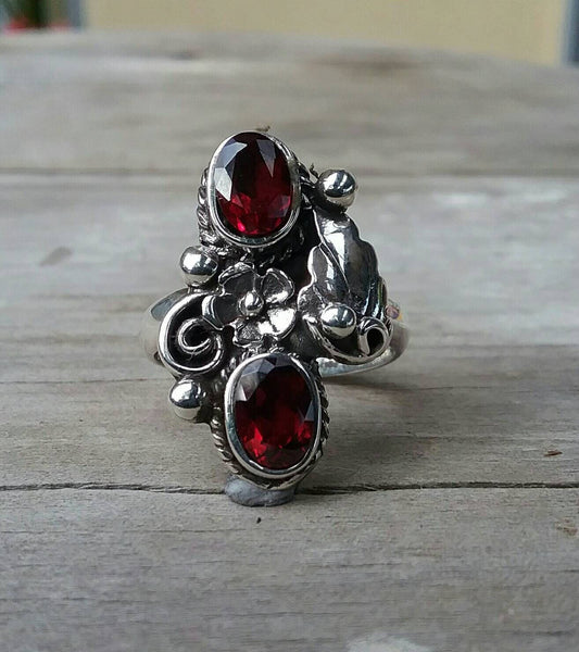 Garnet,flower ring,rose, sterling silver, steampunk,gothic,art nouveau,victorian, rockabilly,boho,gypsy,hand made,antique,long ring,wedding