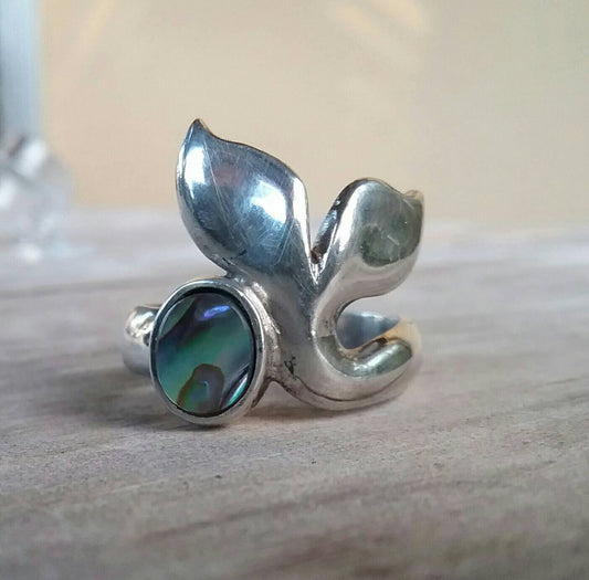 Whale tale,sterling silver, chunky,paua shell ring ,marine, dolphin, surf ring,handmade