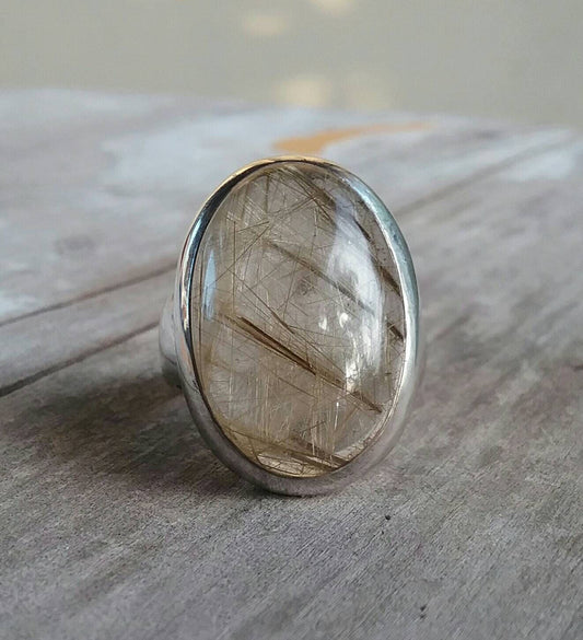 Golden, rutilated quartz,stone ring,sterling silver, boho,shic,new age,solitare,women's fashion,handmade,gypsy,hippy,large ring,hipster,