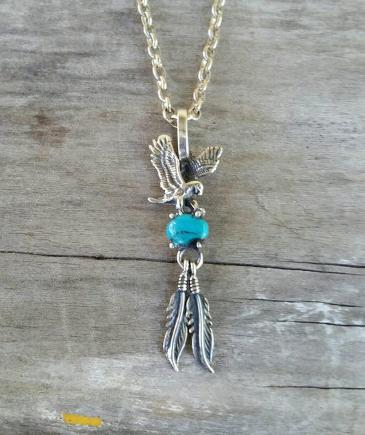 Eagle pendant,turquoise, feather pendant sterling silver biker steampunk gothic punk gypsy hippy boho