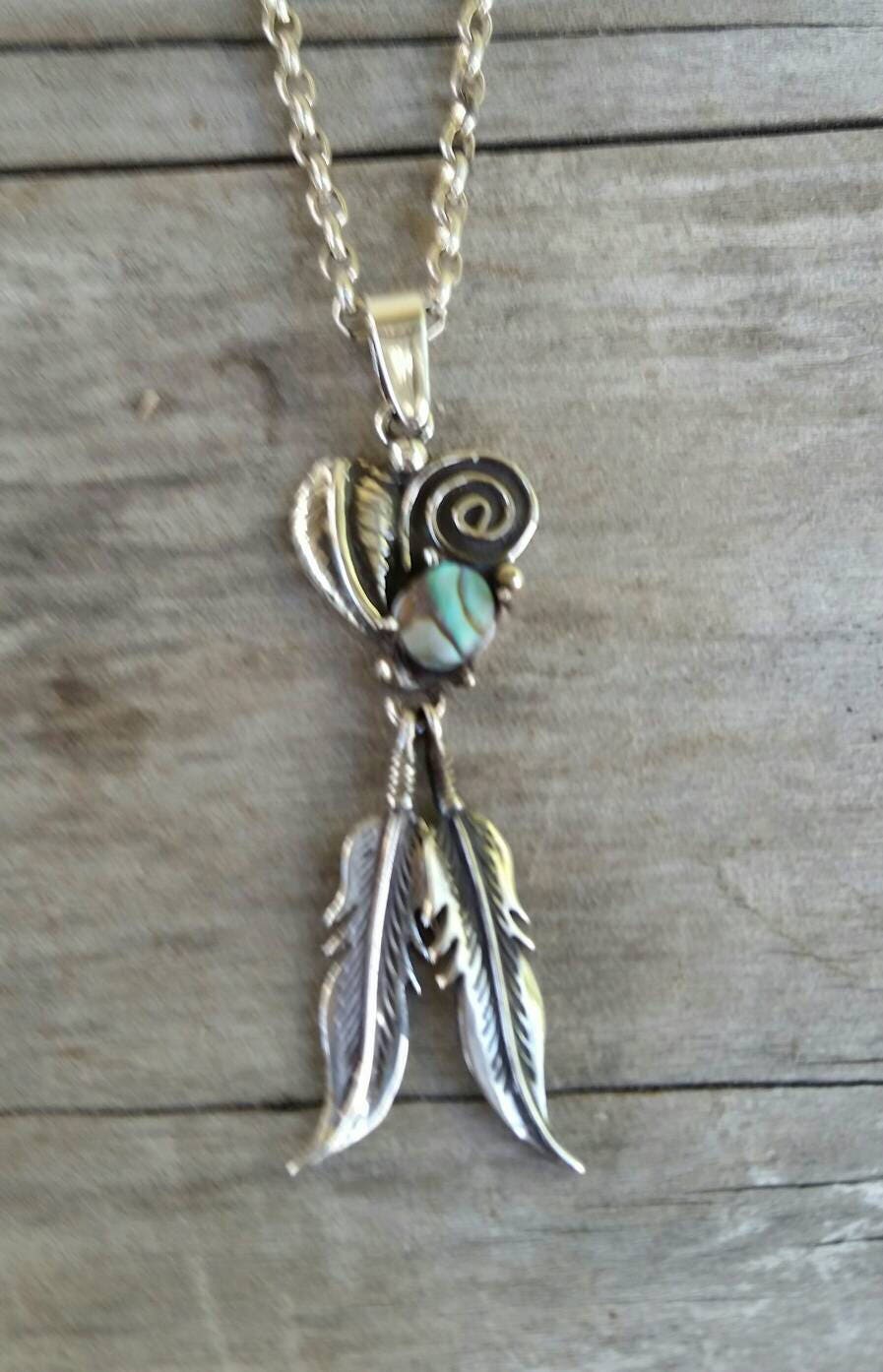 Paua shell feather pendant,sterling silver,boho shell pendant,biker chick,  gypsy,hippy,