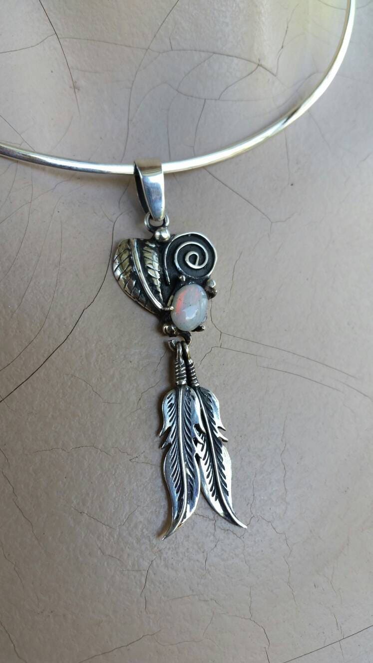 White opal feather pendant sterling silver biker steampunk gothic punk gypsy hippy boho