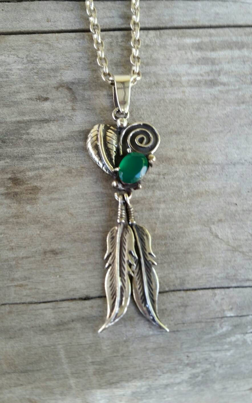 Green onyx,feather pendant, sterling silver,handmade, gypsy, hippy, boho shic,goddess,spiral,women's fashion,festival,gemstone pendant