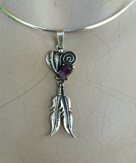 Amethyst feather pendant sterling silver biker steampunk gothic punk gypsy hippy boho