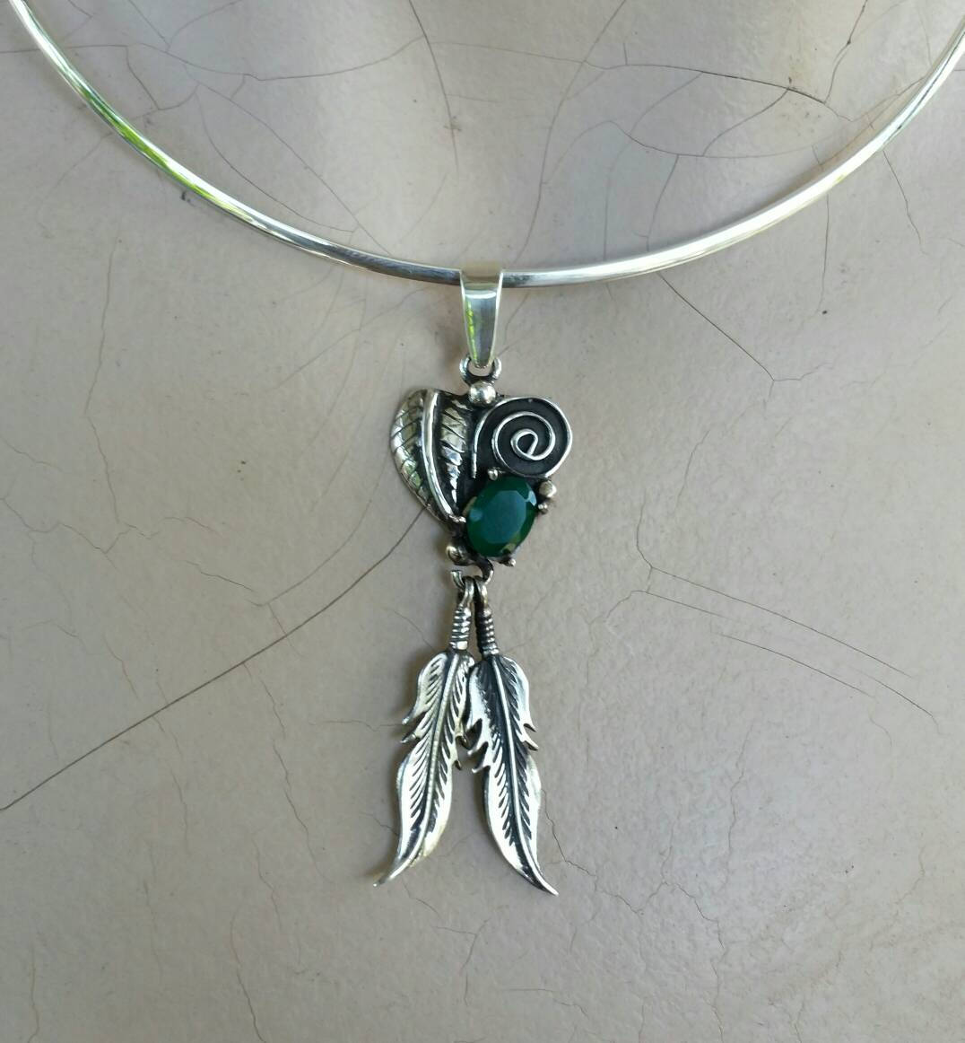 Green onyx,feather pendant, sterling silver,handmade, gypsy, hippy, boho shic,goddess,spiral,women's fashion,festival,gemstone pendant