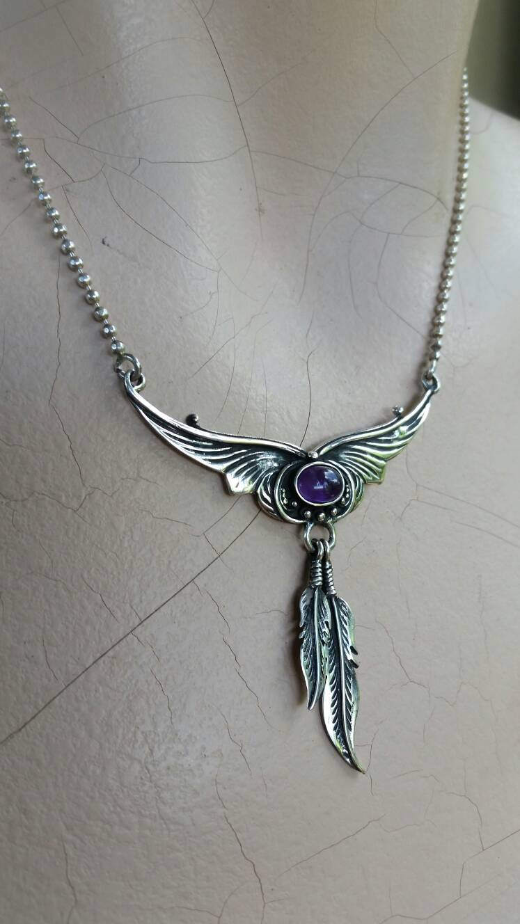 Amethyst necklace, sterling silver,feather pendant,hansmade,necklace rockabilly steampunk gothic boho gypsy