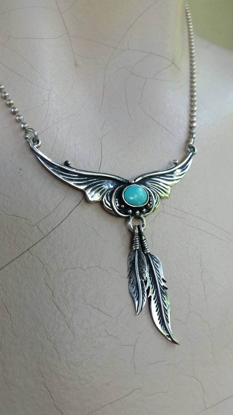 Turquoise necklace,sterling silver,feather,boho,gypsy,shabby shic,vintage,ethnic,handmade,women's fashion,goddess,choker,stone pendant