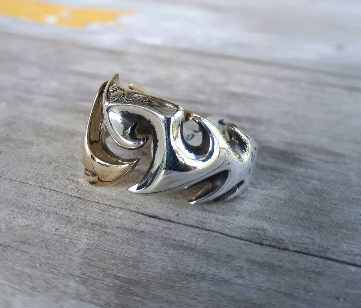 Tribal ring,two tone,9ct/9k Gold, sterling silver,steampunk,mens wedding ring,handmade,boho,hipster,claw ring,Geiger,viking,