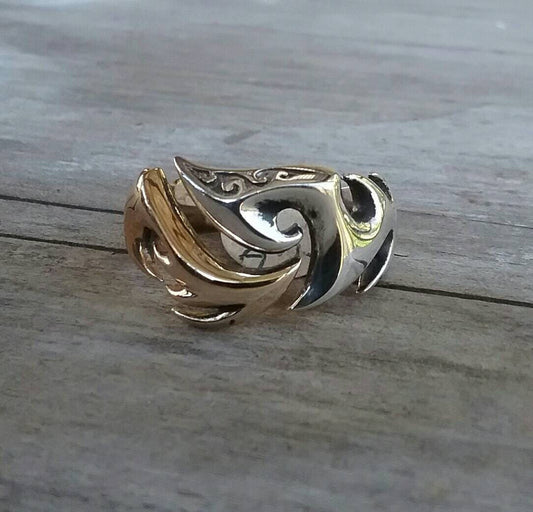 Tribal ring,two tone,9ct/9k Gold, sterling silver,steampunk,mens wedding ring,handmade,boho,hipster,claw ring,Geiger,viking,