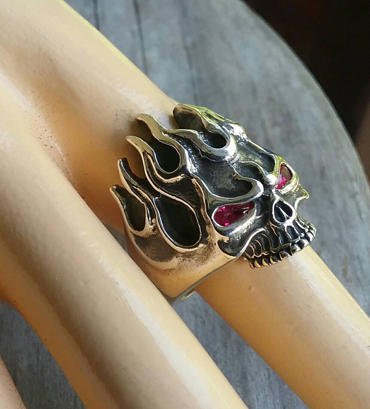 Skull ring, red eyes, flames,steampunk, gothic, punk, sterling silver,hand made,flat skull,