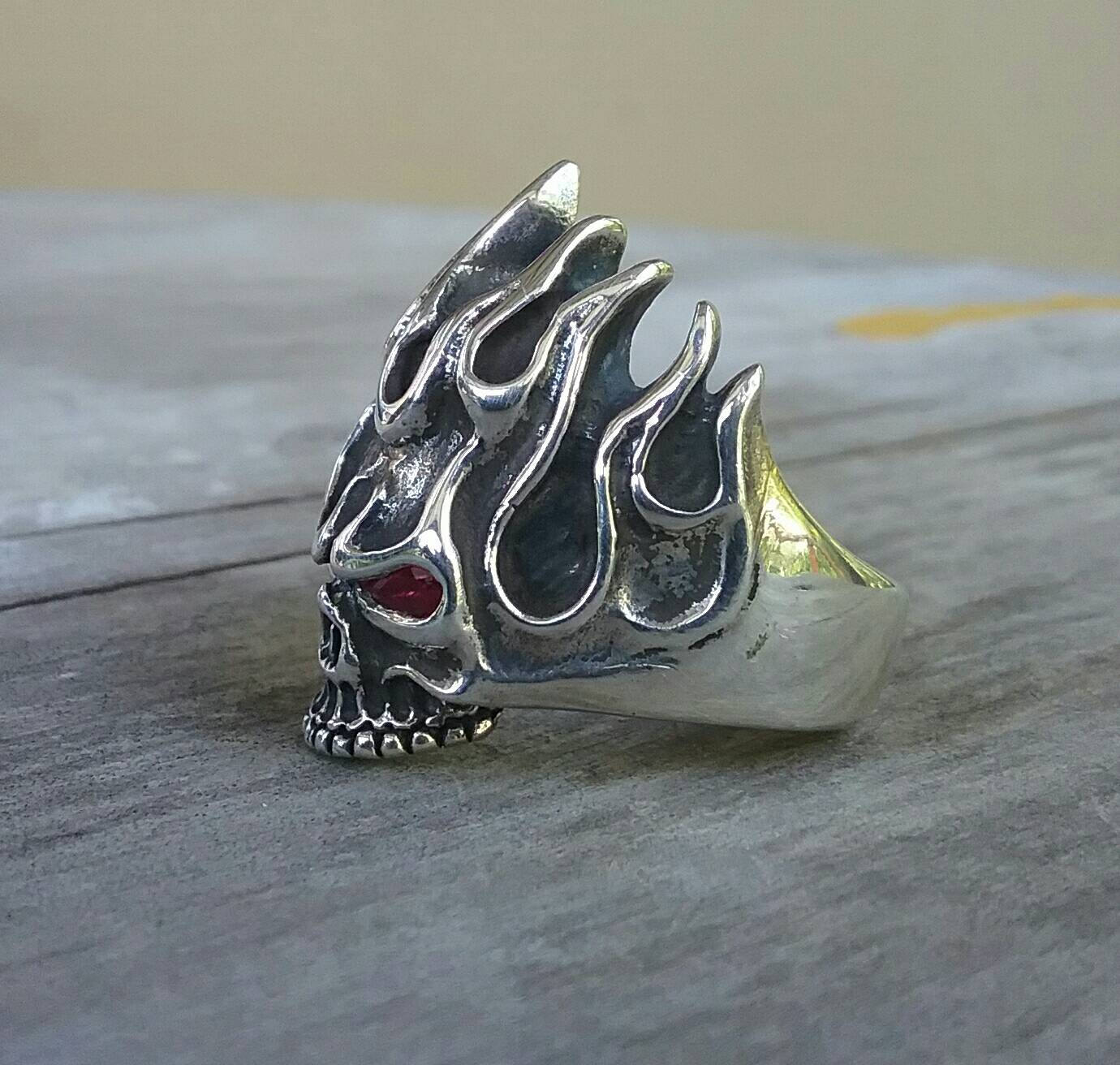 Skull ring, red eyes, flames,steampunk, gothic, punk, sterling silver,hand made,flat skull,