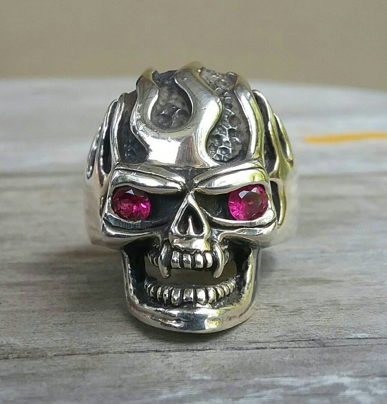 Vampire ,Skull  ring, red eyes, flames,ed roth,skeleton, steampunk,gothic,punk, sterling silver,handmade,hipster,