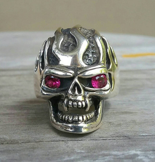 Vampire ,Skull  ring, red eyes, flames,ed roth,skeleton, steampunk,gothic,punk, sterling silver,handmade,hipster,