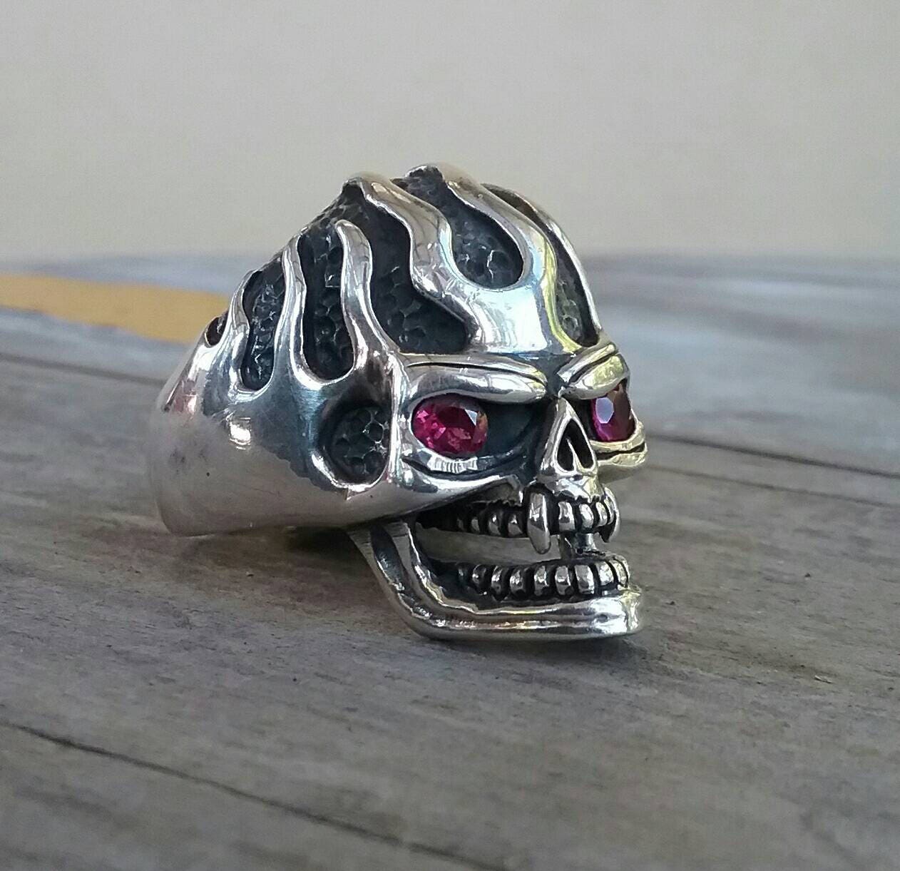 Vampire ,Skull  ring, red eyes, flames,ed roth,skeleton, steampunk,gothic,punk, sterling silver,handmade,hipster,