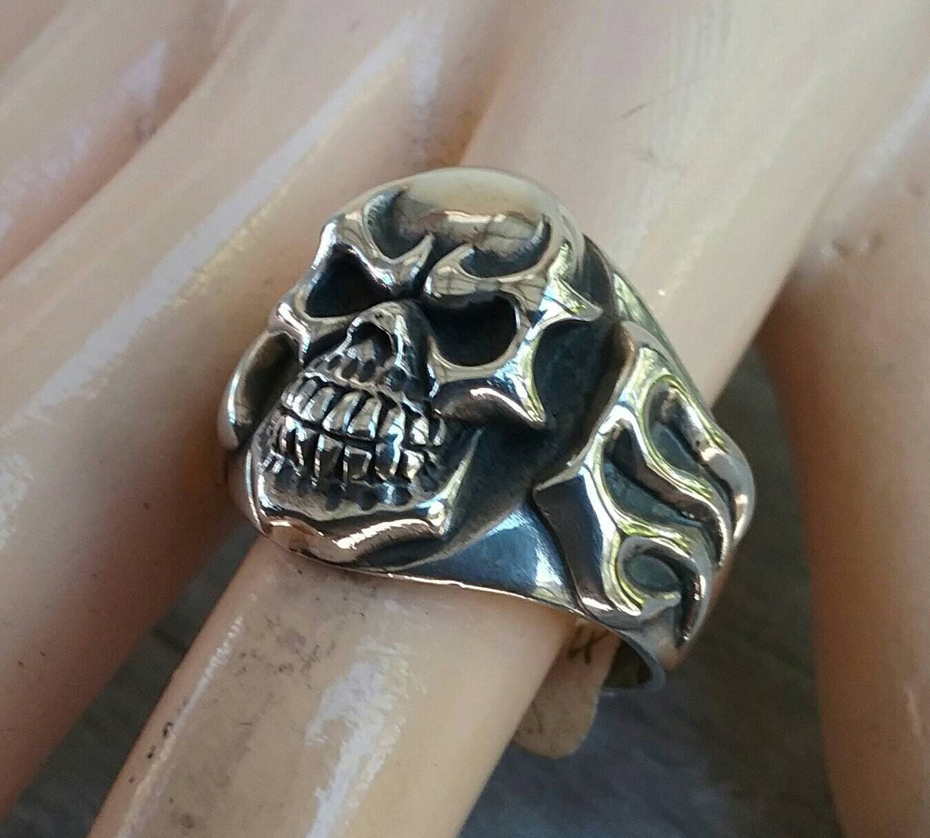 Skull signet ring. flame ring,ed roth, steampunk,gothic, punk , solid sterling silver,heavy,hipster