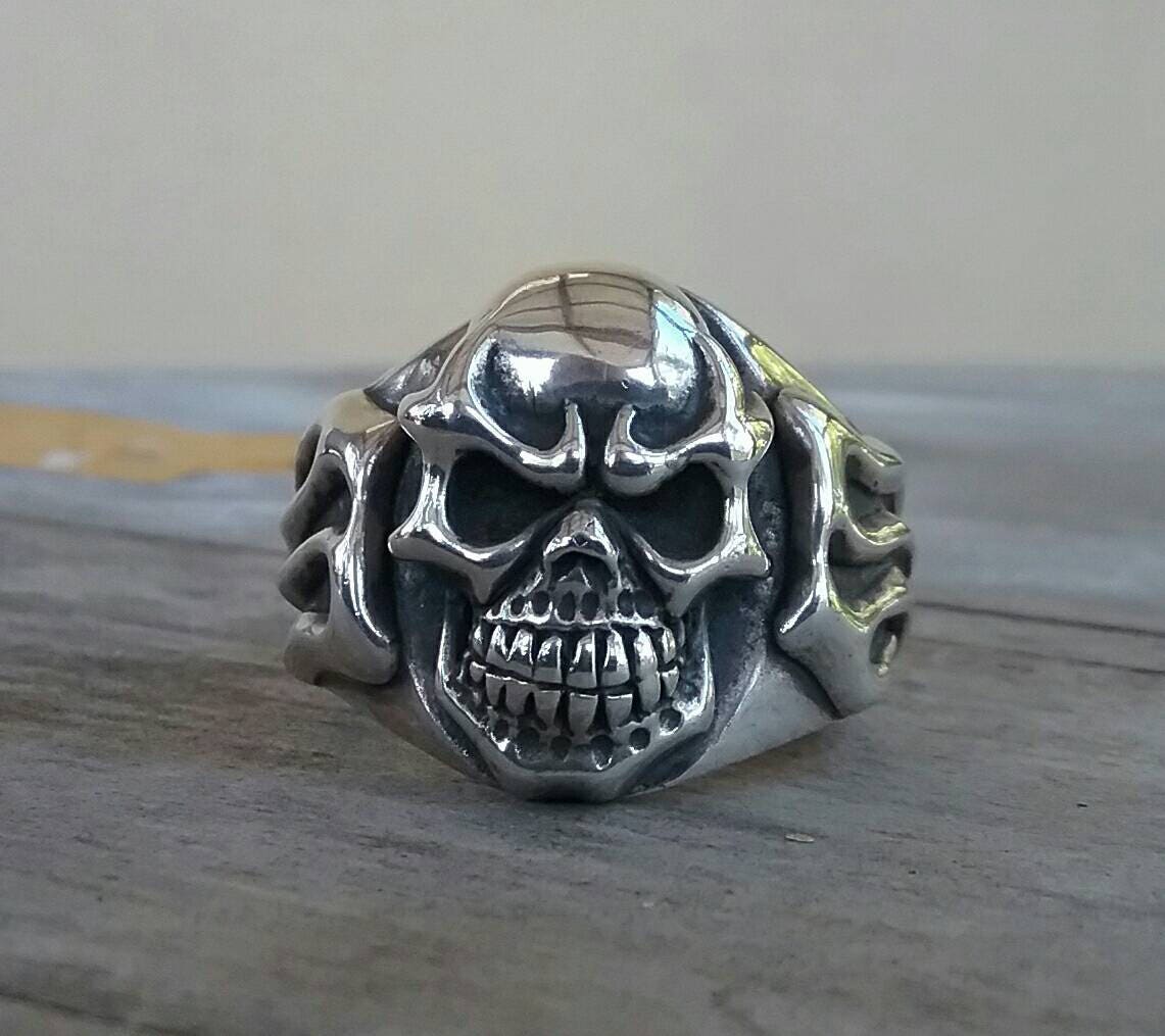 Skull signet ring. flame ring,ed roth, steampunk,gothic, punk , solid sterling silver,heavy,hipster