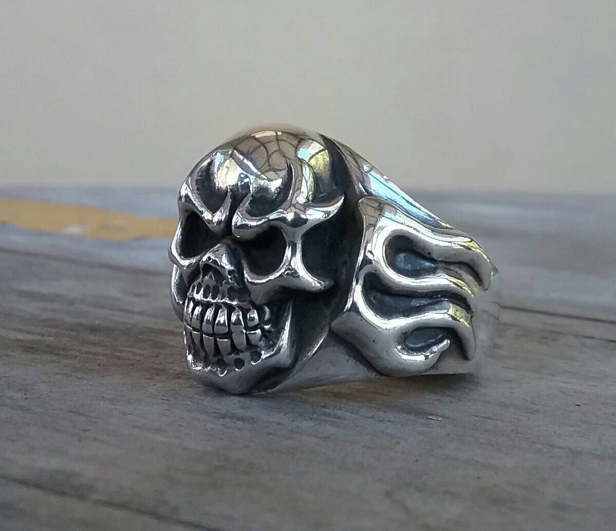 Skull signet ring. flame ring,ed roth, steampunk,gothic, punk , solid sterling silver,heavy,hipster