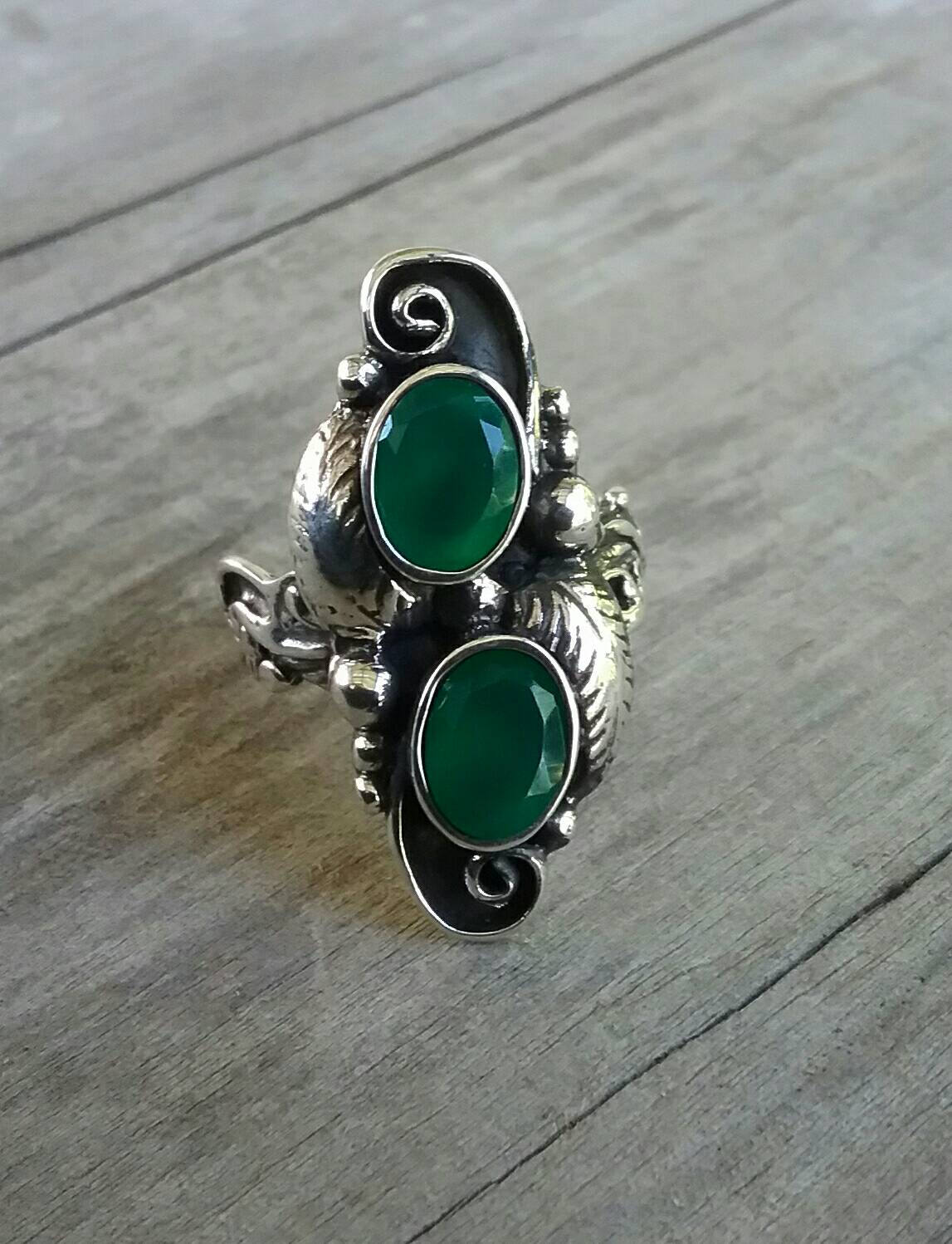 Green onyx, leaf ring, sterling silver, alternative, steampunk, gothic, art nouveau,victorian, flower,rockabilly,long ring,boho,gypsy,tribal