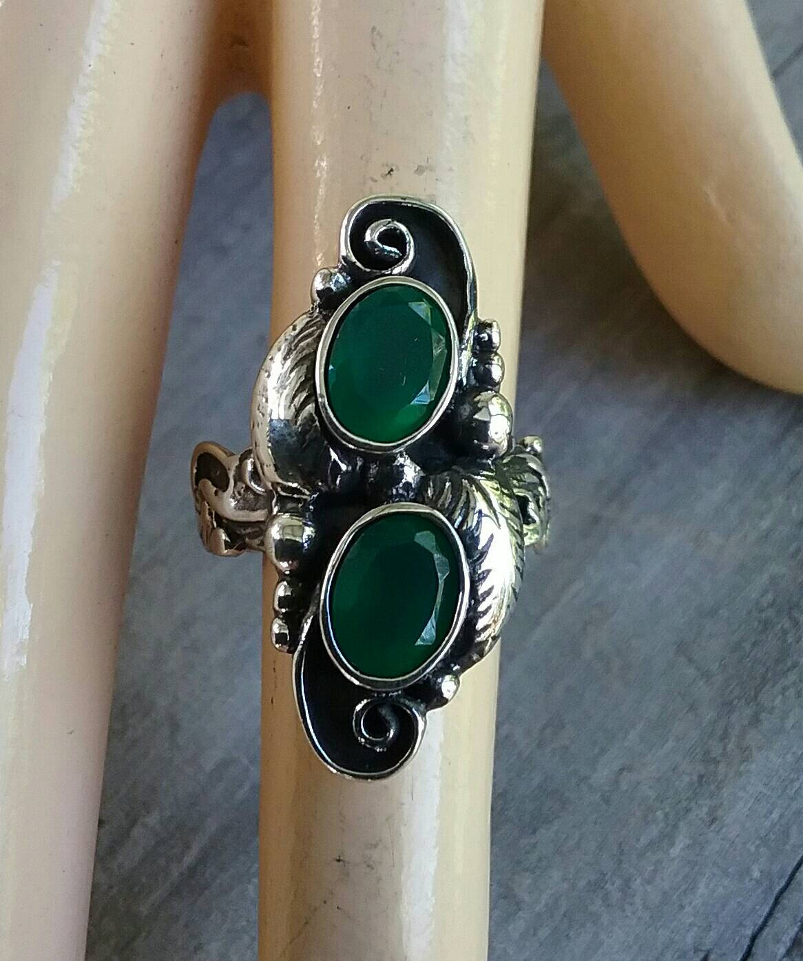 Green onyx, leaf ring, sterling silver, alternative, steampunk, gothic, art nouveau,victorian, flower,rockabilly,long ring,boho,gypsy,tribal