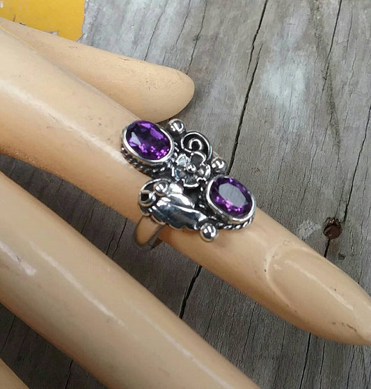 Amethyst,flower,leaf ring, sterling silver, alternative,steampunk,gothic,art nouveau, victorian,rockabilly,hand made,boho,goddess ,long ring