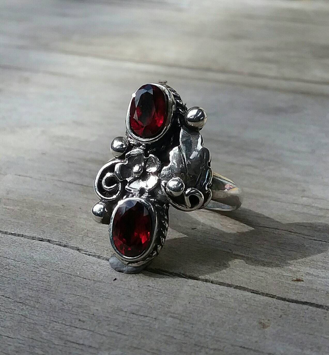 Garnet,flower ring,rose, sterling silver, steampunk,gothic,art nouveau,victorian, rockabilly,boho,gypsy,hand made,antique,long ring,wedding