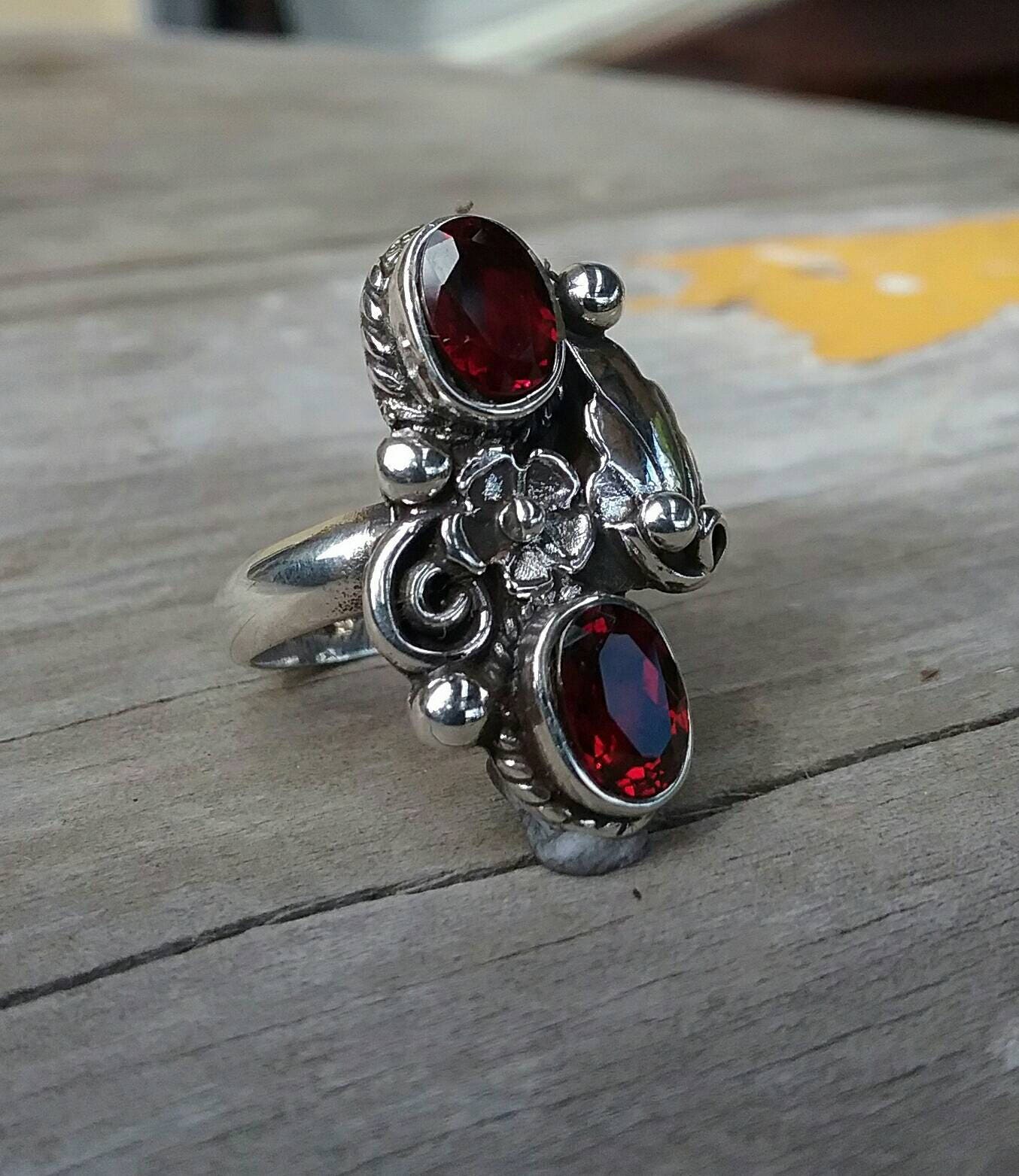 Garnet,flower ring,rose, sterling silver, steampunk,gothic,art nouveau,victorian, rockabilly,boho,gypsy,hand made,antique,long ring,wedding