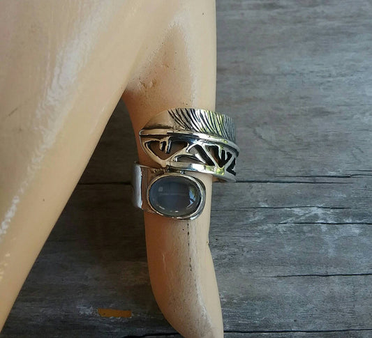 Feather ring, moonstone ring,boho,bird feather,Indian, gypsy, sterling silver ring,wrap around ring,thumb ring