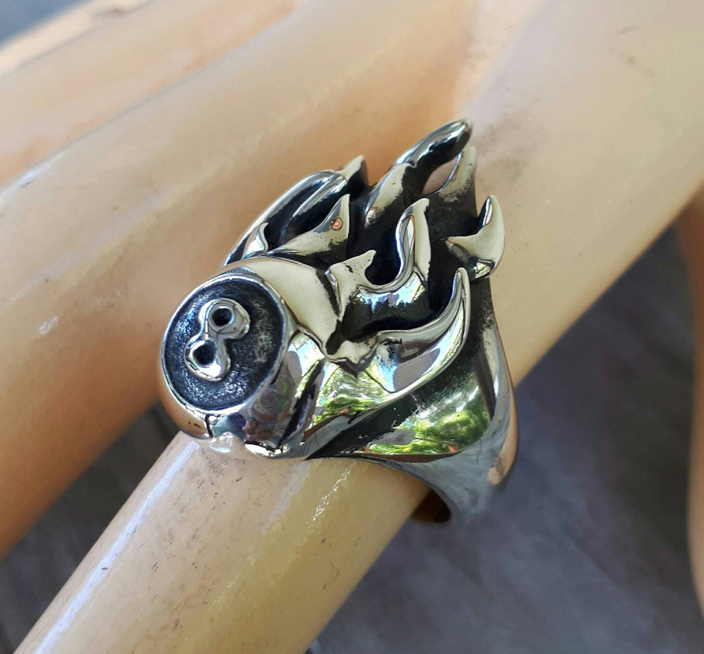 Eight ball,flame ring,pool,billards, biker ratfink rockabilly,sterling silver,hand made,long ring,unisex ring,ed roth