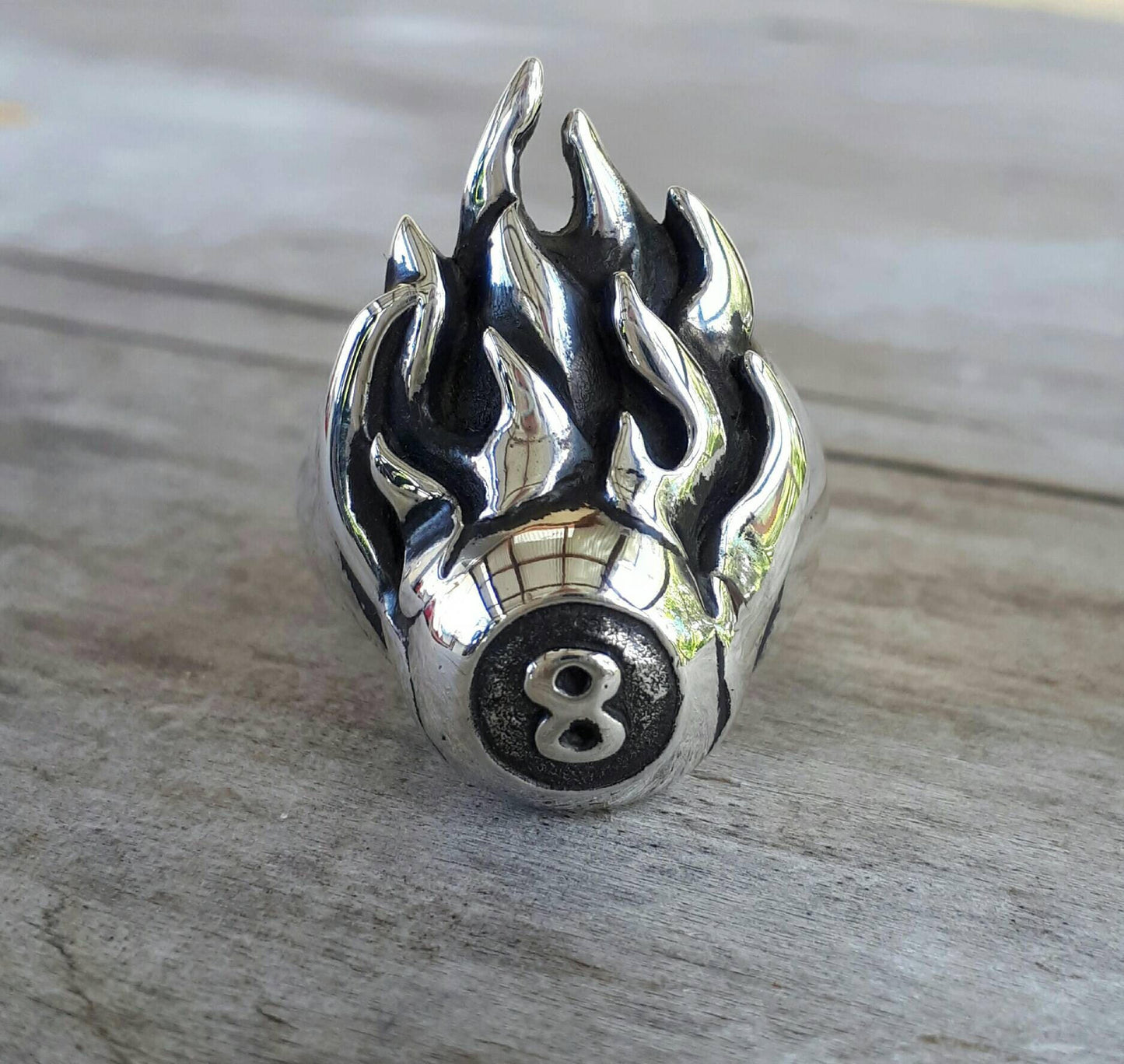 Eight ball,flame ring,pool,billards, biker ratfink rockabilly,sterling silver,hand made,long ring,unisex ring,ed roth