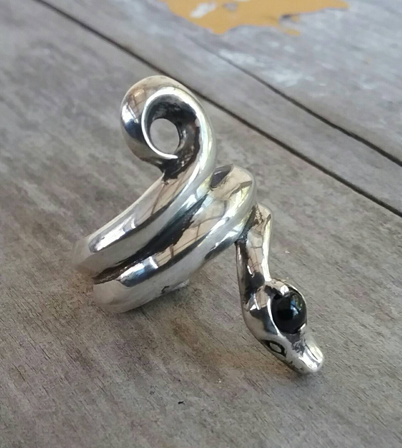 Snake ring,chunky,sterling silver,wrap around serpant,onyx head snake,