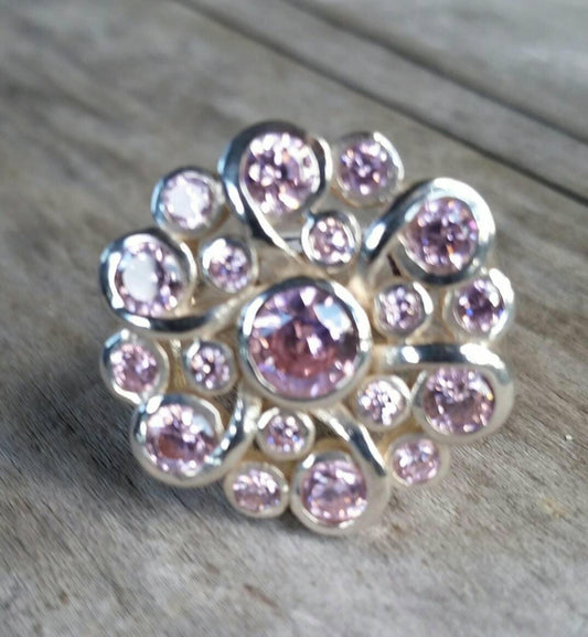 Pink cz ring,flower ring,multi stone,silver cluster,ladies boho, sterling silver,ornate,large ring,long ring,chunky ring,cubic zirconia,