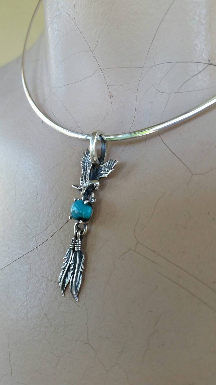 Eagle pendant,turquoise, feather pendant sterling silver biker steampunk gothic punk gypsy hippy boho