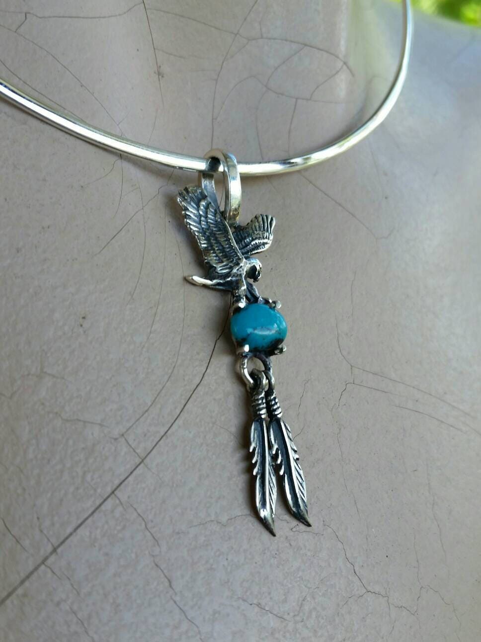 Eagle pendant,turquoise, feather pendant sterling silver biker steampunk gothic punk gypsy hippy boho