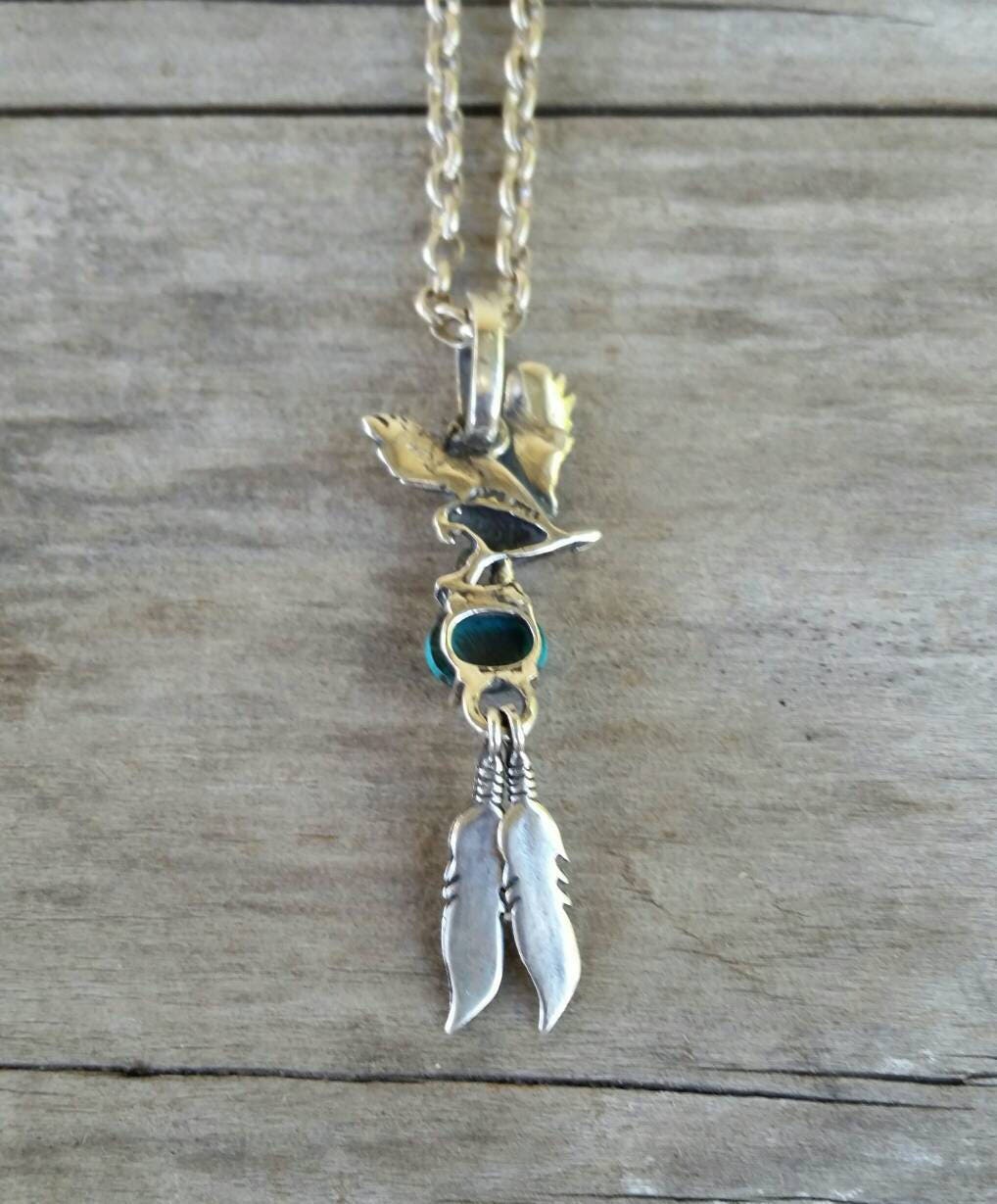 Eagle pendant,turquoise, feather pendant sterling silver biker steampunk gothic punk gypsy hippy boho